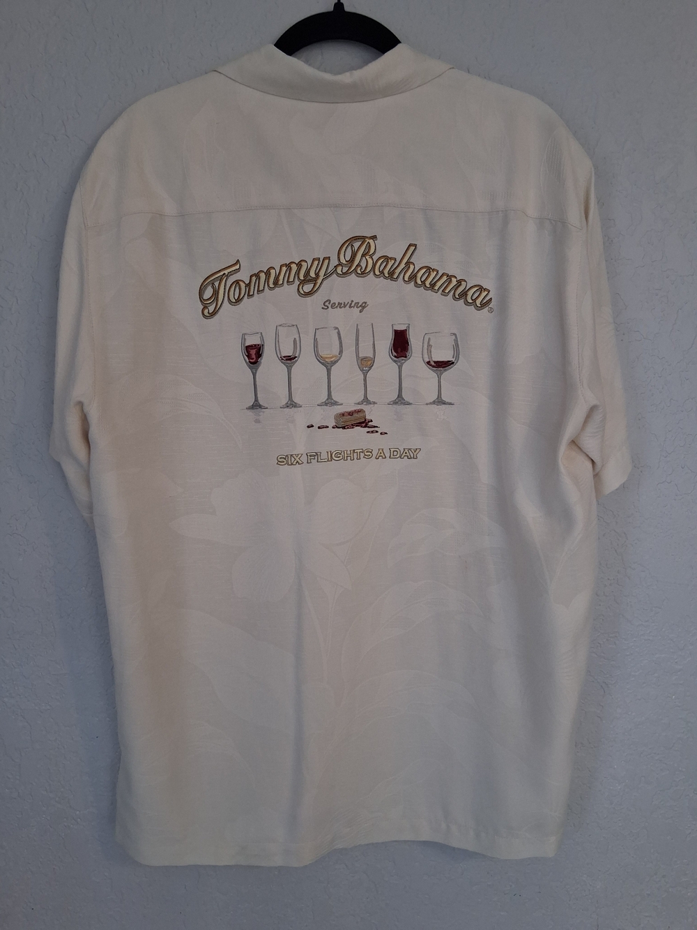 ​Tommy Bahama Mens M Silk Camp Shirt Cream Six Flights A Day Wine Embroidery
